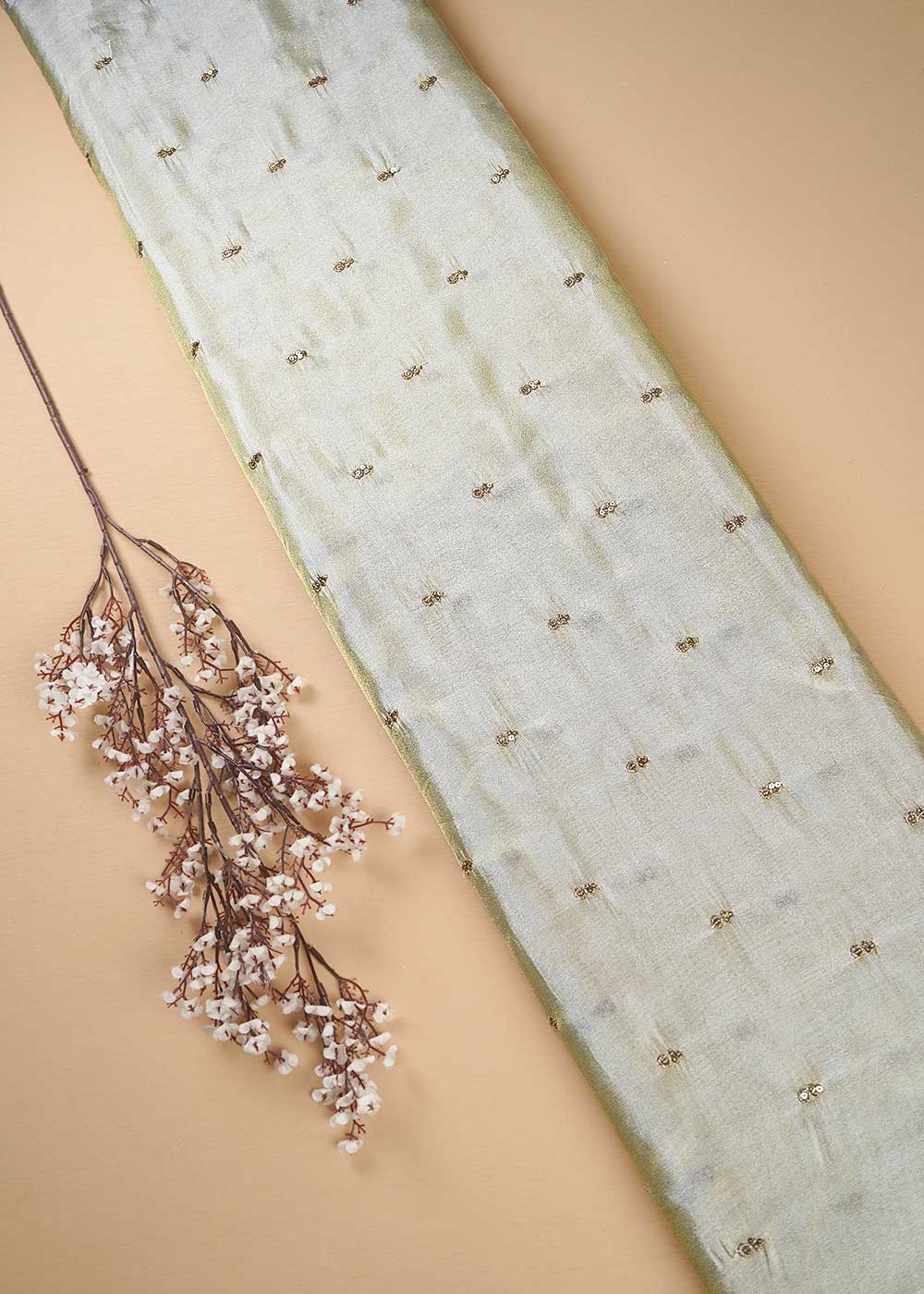 Golden Dyeable Tissue Fabric With All Over Zari And Sequins Work 24188