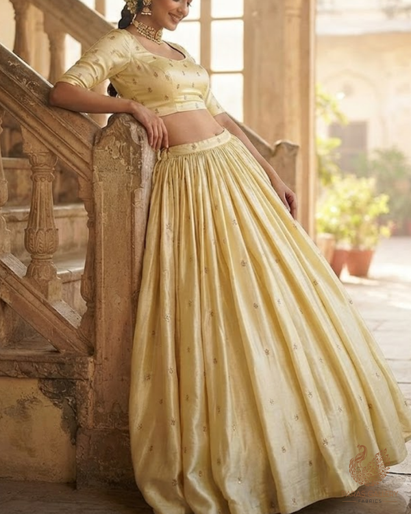 Golden Dyeable Tissue Fabric With All Over Zari And Sequins Work 24188