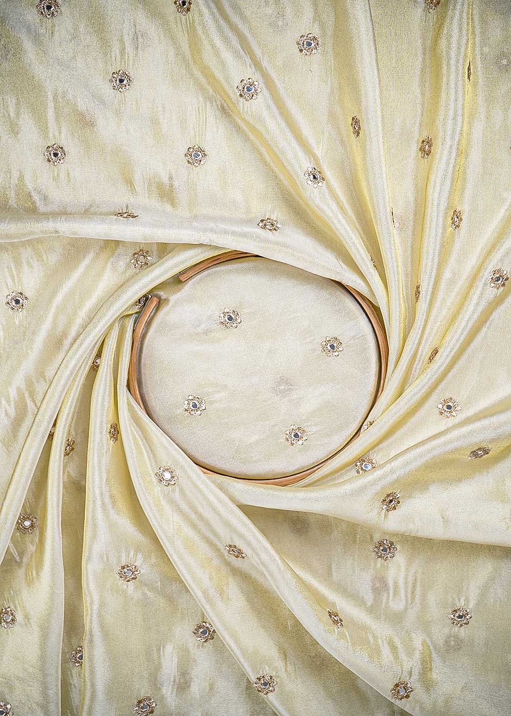 Golden Tissue Fabric With All Over Buti Of Zari, Sequins And Faux Mirror Work 24189