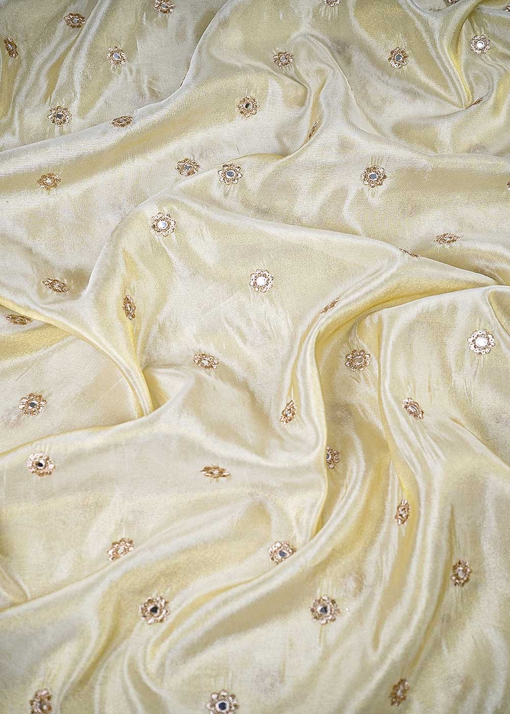 Golden Tissue Fabric With All Over Buti Of Zari, Sequins And Faux Mirror Work 24189