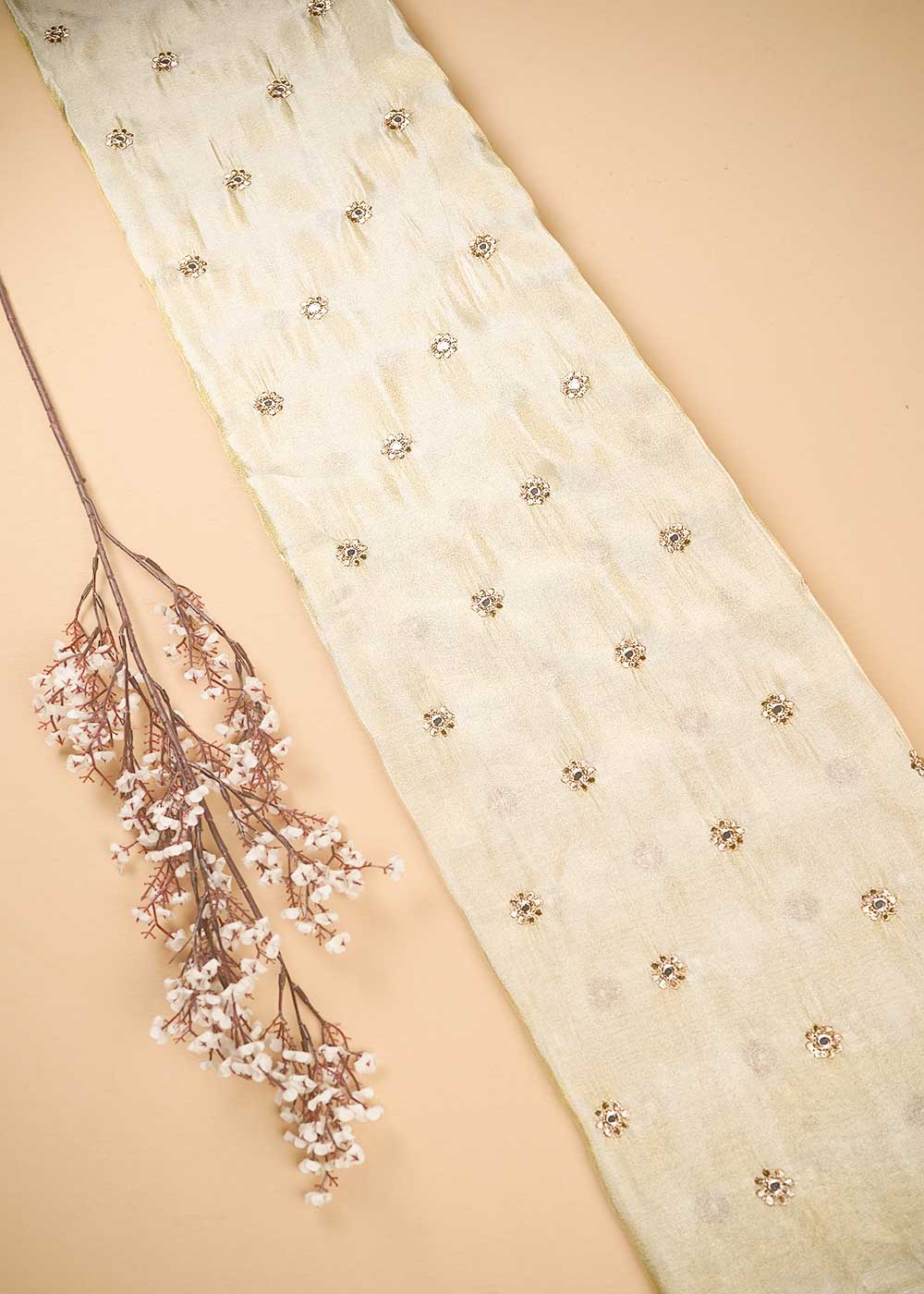 Golden Tissue Fabric With All Over Buti Of Zari, Sequins And Faux Mirror Work 24189