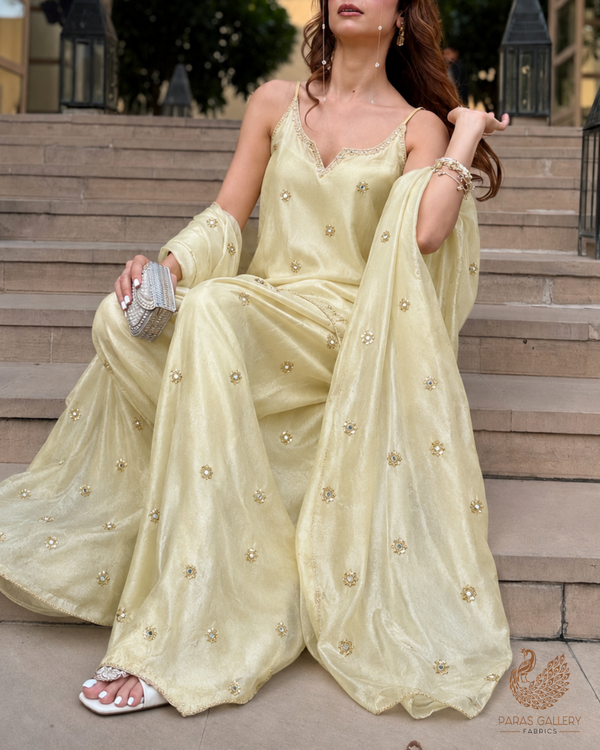 Golden Dyeable Tissue Fabric With All Over Buti Of Zari, Sequins And Faux Mirror Work 24189