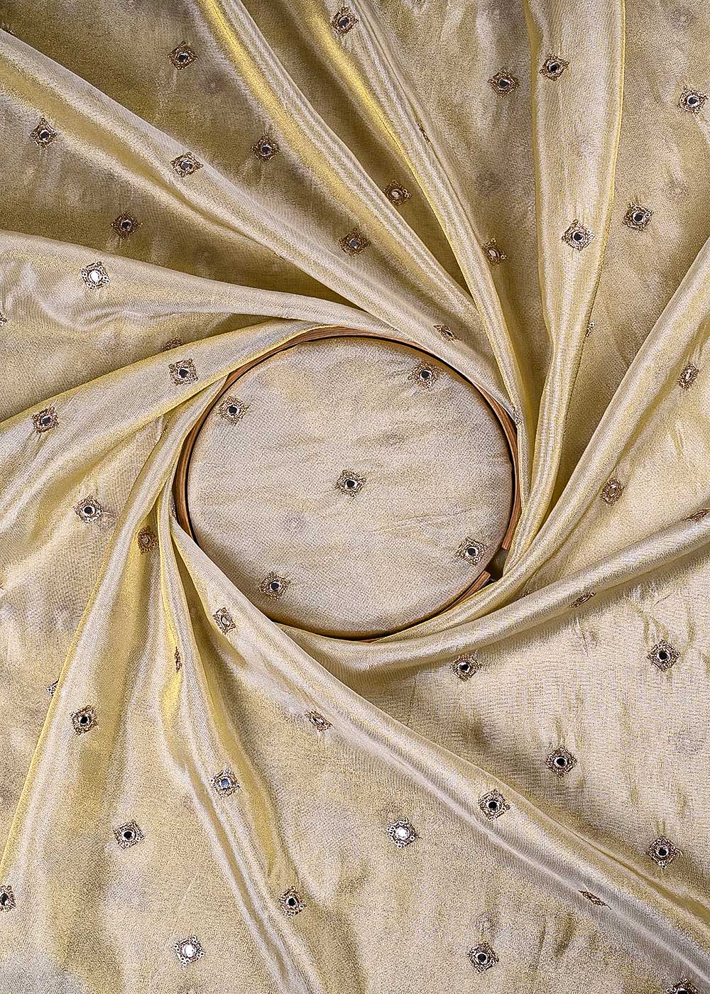 Golden Dyeable Tissue Fabric With All Over Zari, Sequins And Faux Mirror Work 24190