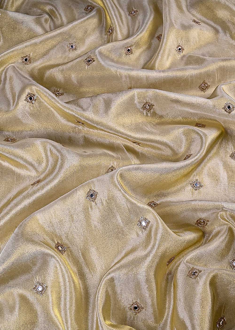 Golden Dyeable Tissue Fabric With All Over Zari, Sequins And Faux Mirror Work 24190