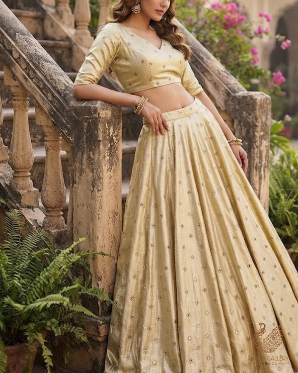 Golden Dyeable Tissue Fabric With All Over Zari, Sequins And Faux Mirror Work 24190