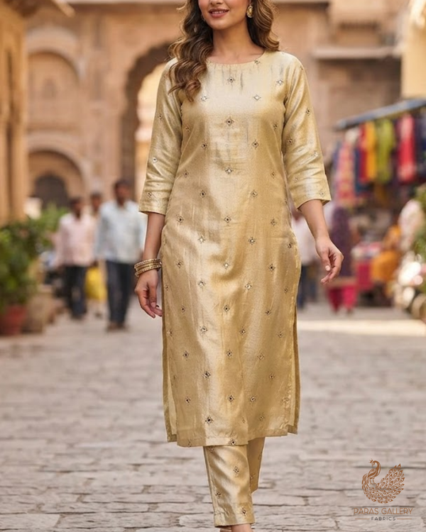Golden Dyeable Tissue Fabric With All Over Zari, Sequins And Faux Mirror Work 24190