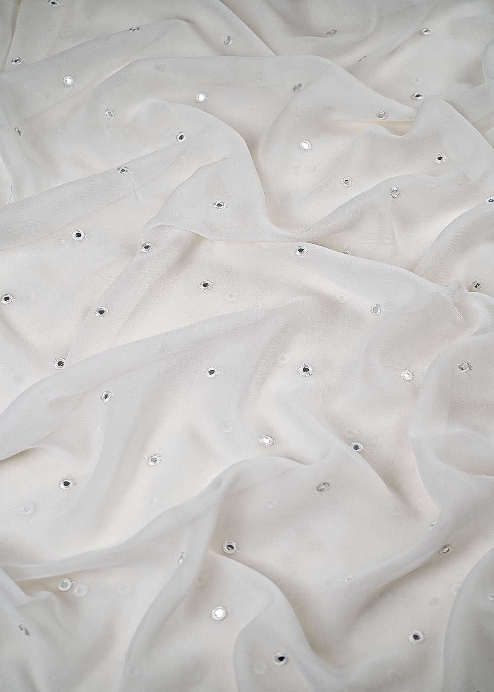 White Dyeable Georgette Fabric With All Over Buti Of Thread And Faux Mirror Work 24192