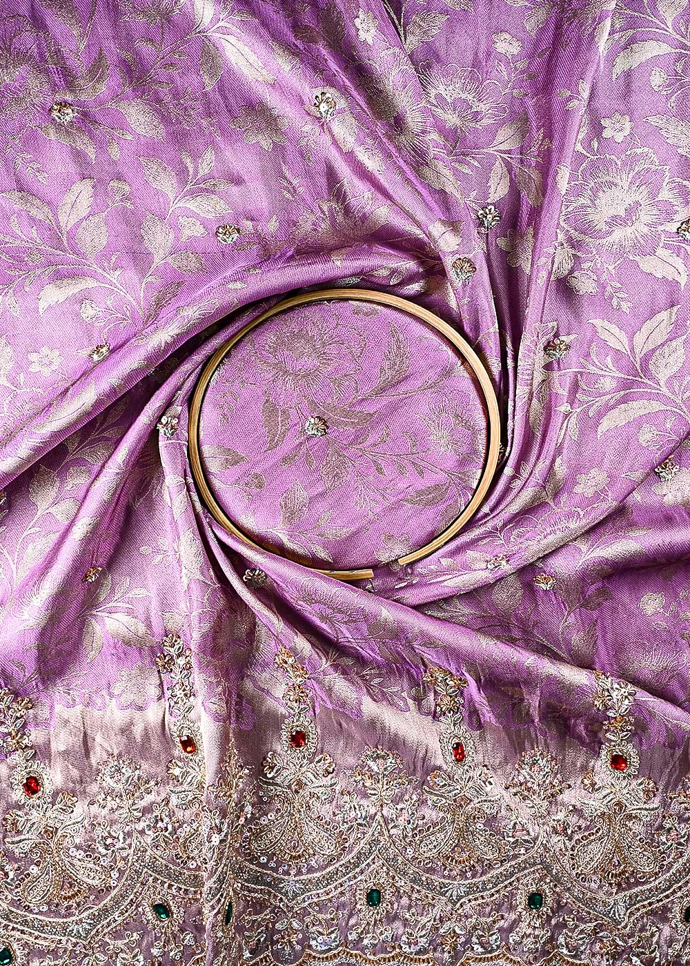 Lavender Tissue Silk Fabric With All Over Self, Zari, Sequins, Katdana And Stone Work With One Side Scalloped Border 24202
