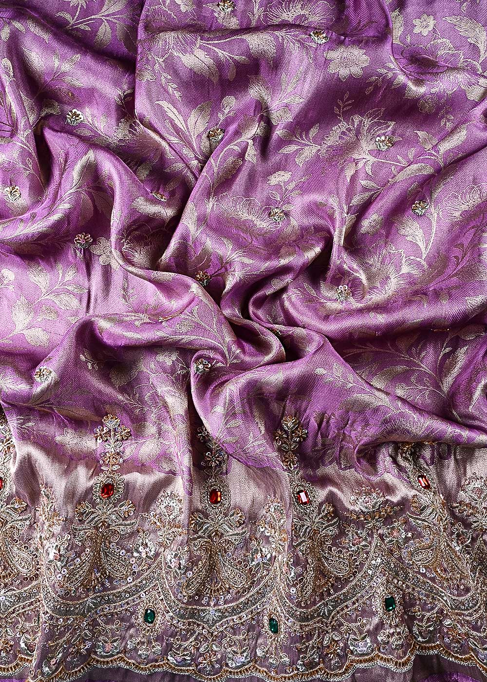 Lavender Tissue Silk Fabric With All Over Self, Zari, Sequins, Katdana And Stone Work With One Side Scalloped Border 24202
