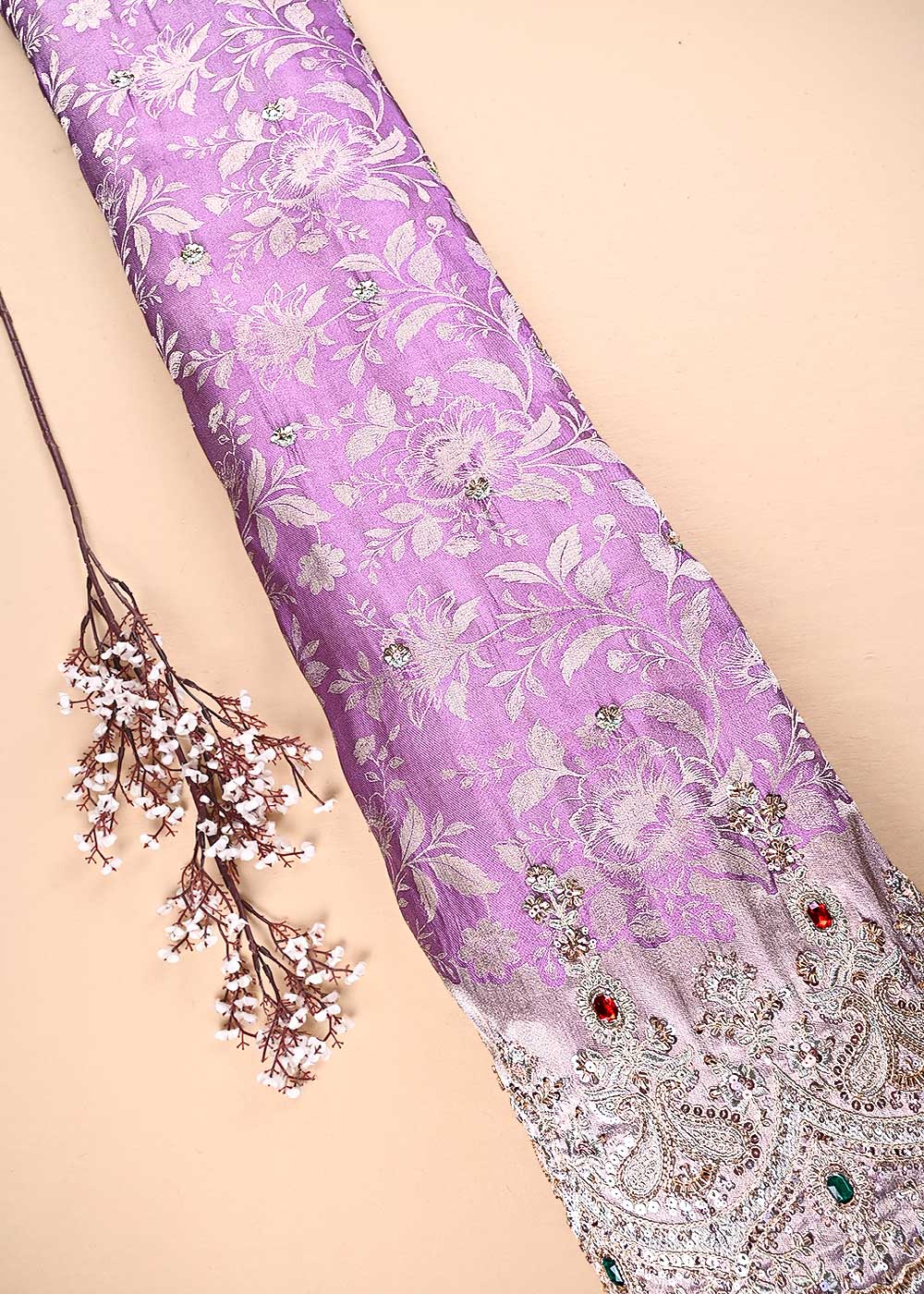 Lavender Tissue Silk Fabric With All Over Self, Zari, Sequins, Katdana And Stone Work With One Side Scalloped Border 24202