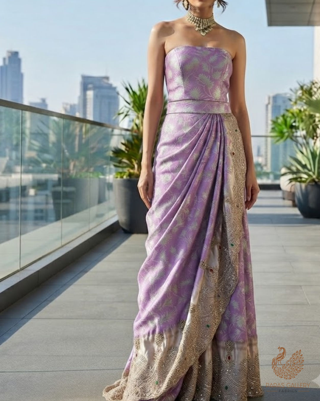 Lavender Tissue Silk Fabric With All Over Self, Zari, Sequins, Katdana And Stone Work With One Side Scalloped Border 24202