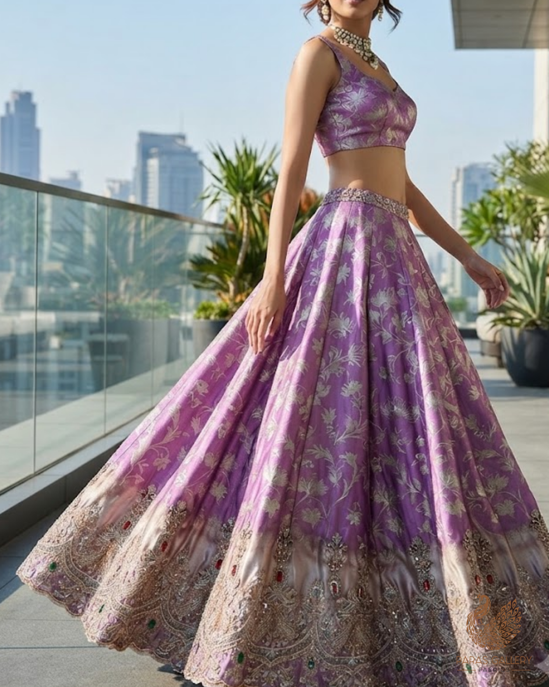Lavender Tissue Silk Fabric With All Over Self, Zari, Sequins, Katdana And Stone Work With One Side Scalloped Border 24202
