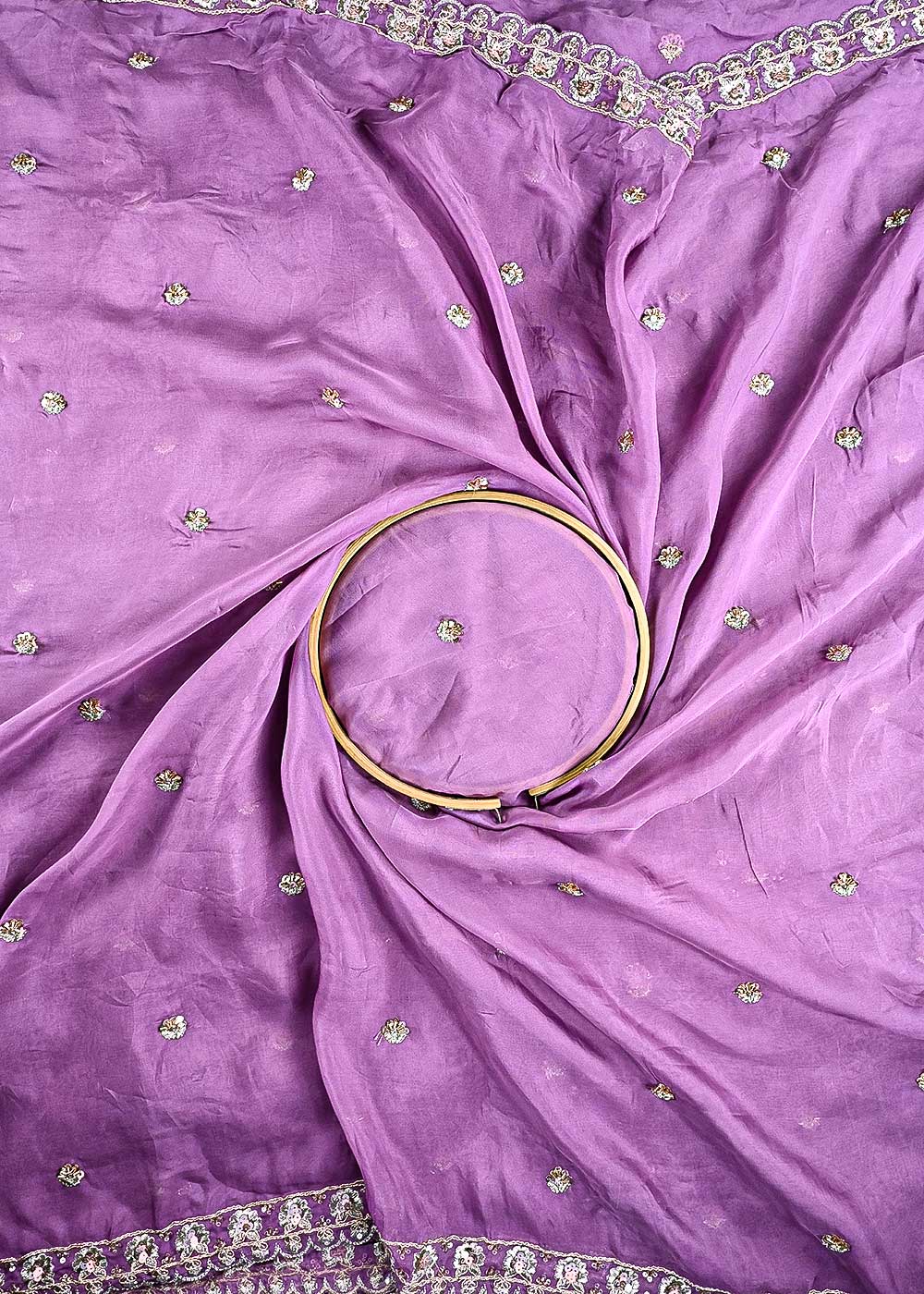 Lavender Organza Dupatta Fabric With All Over Zari, Sequins, Katdana And Bead Work With Both Side Scalloped Border 24205
