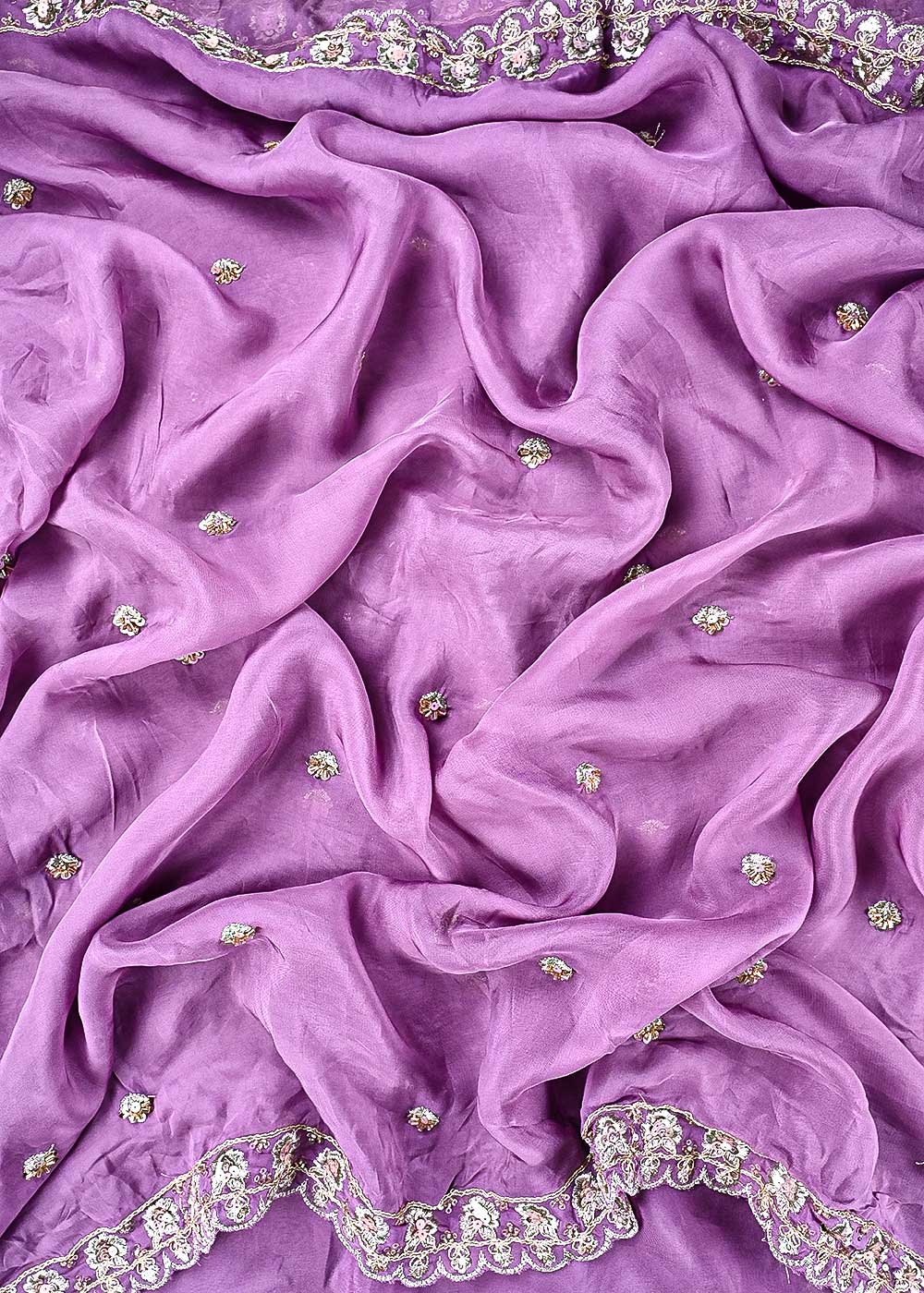 Lavender Organza Dupatta Fabric With All Over Zari, Sequins, Katdana And Bead Work With Both Side Scalloped Border 24205