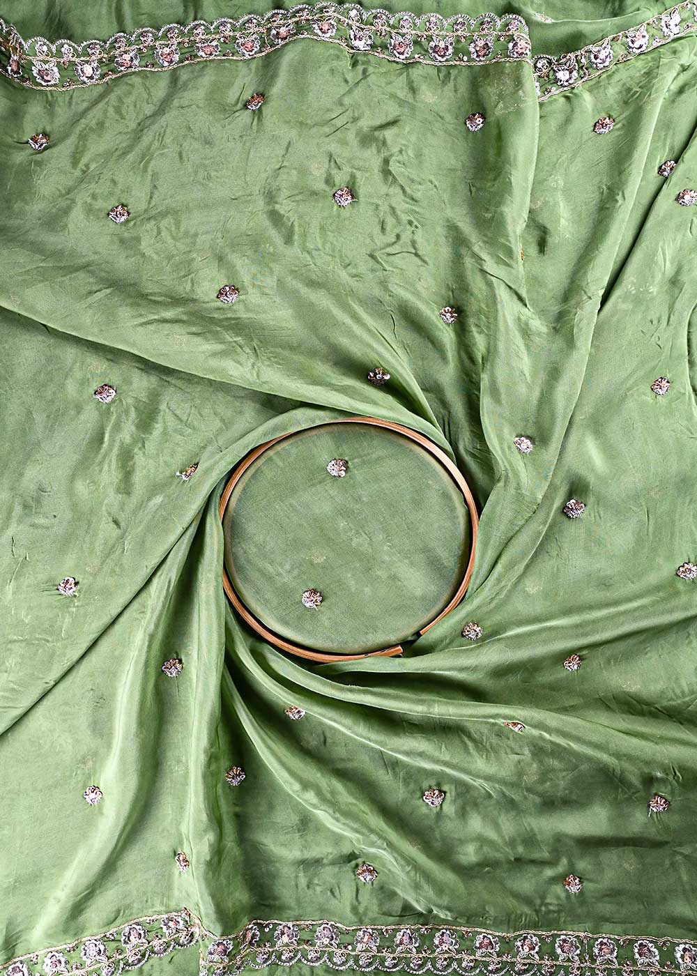 Mint Green Organza Dupatta Fabric With All Over Zari, Sequins, Katdana And Bead Work With Both Side Scalloped Border 24206
