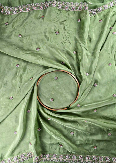 Mint Green Organza Dupatta Fabric With All Over Zari, Sequins, Katdana And Bead Work With Both Side Scalloped Border 24206