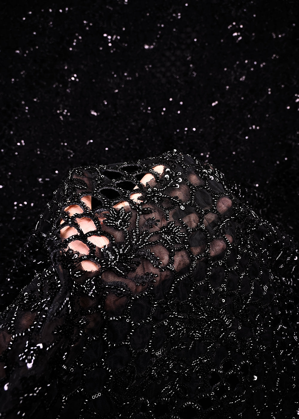 Black Net Fabric With All Over Katdana, Sequins And Laser Cutwork 24220