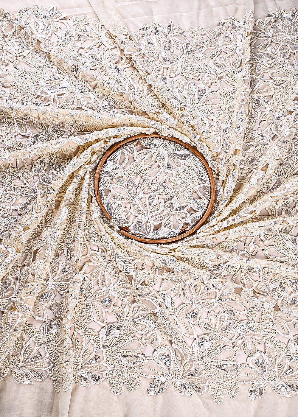 Shilpa Shetty Inspired Edition | Cream Embroidered Net Unstitched Fabric 24221