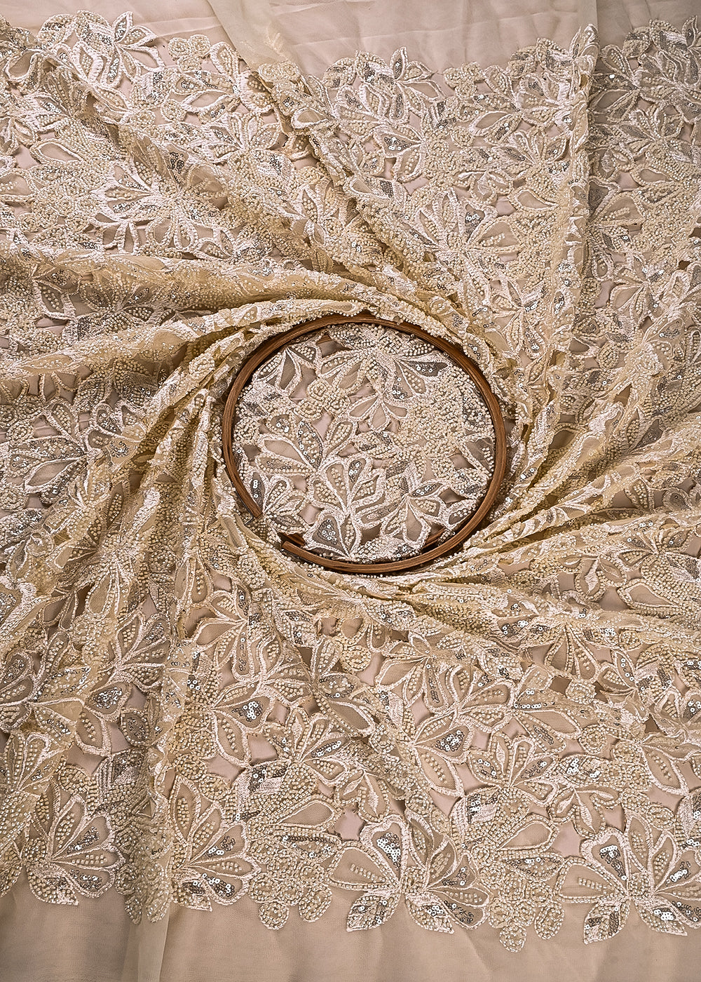 Cream Net Fabric With All Over Katdana, Sequins And Laser Cutwork 24221