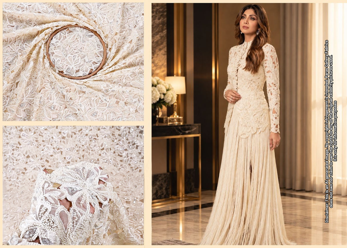 Shilpa Shetty Inspired Edition | Cream Embroidered Net Unstitched Fabric 24221