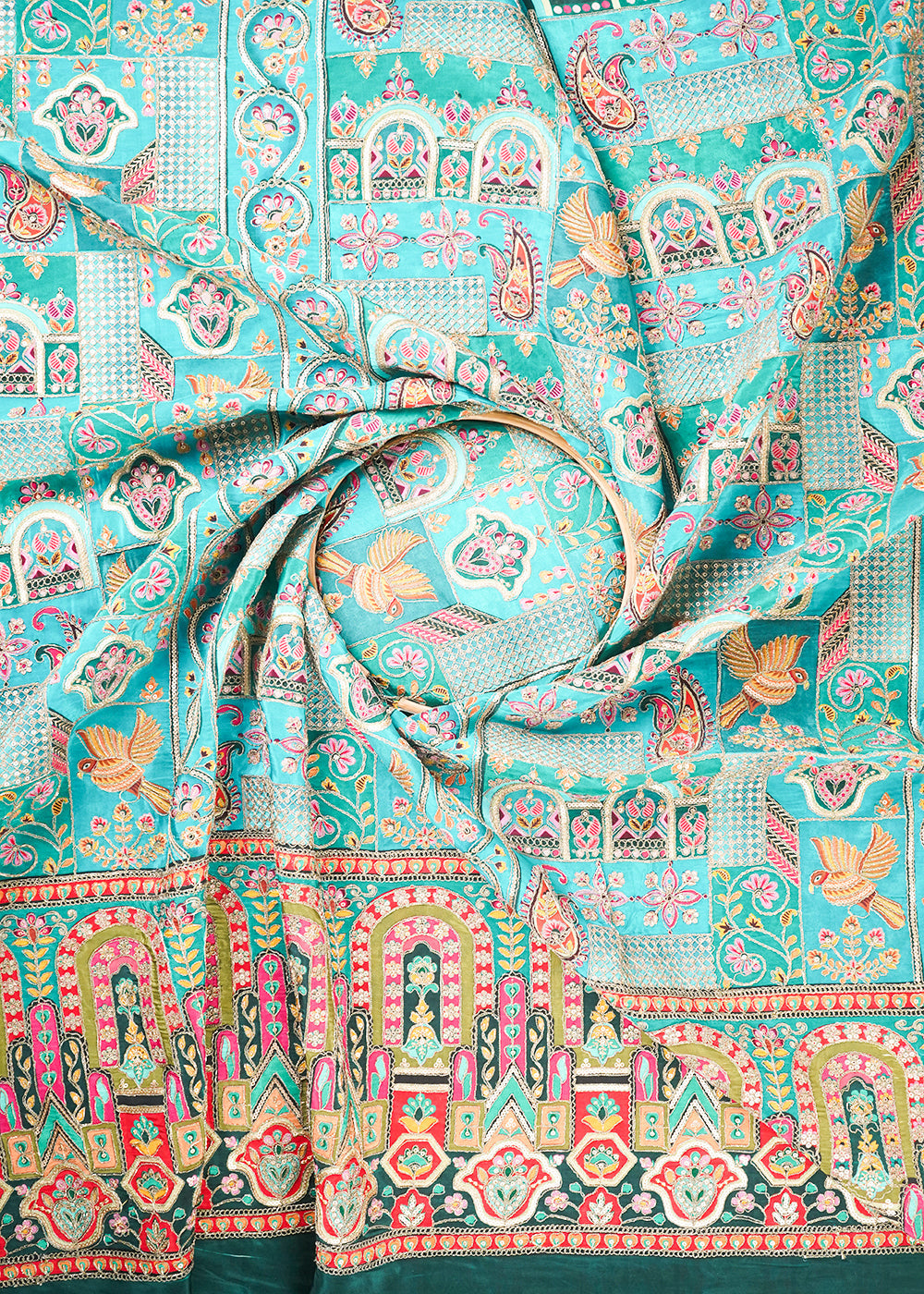 Rama Green Crepe Fabric With All Over Zari And Sequins Work With One Side Border 24223