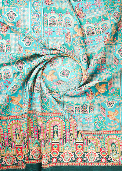 Rama Green Crepe Fabric With All Over Zari And Sequins Work With One Side Border 24223