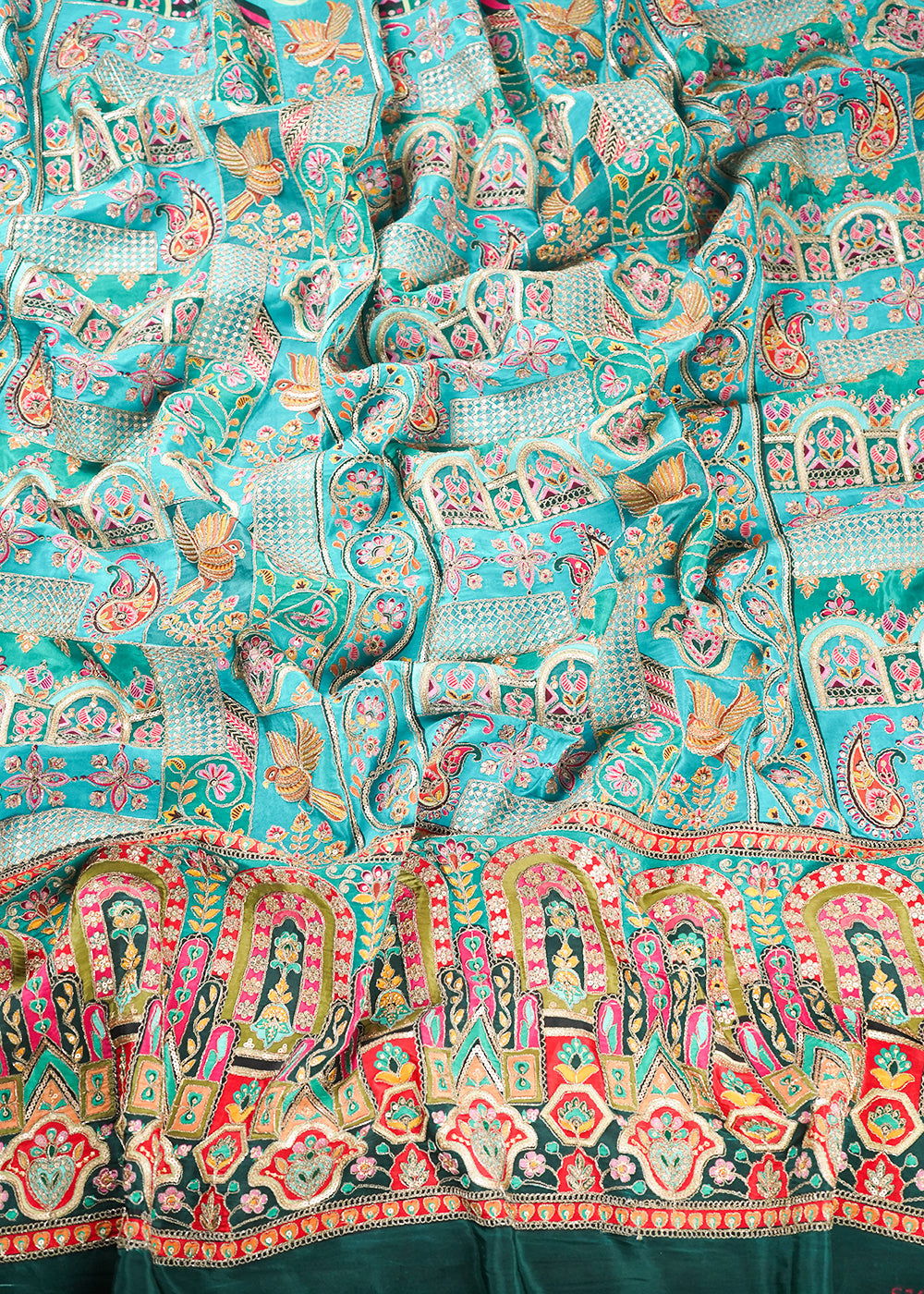 Rama Green Crepe Fabric With All Over Zari And Sequins Work With One Side Border 24223