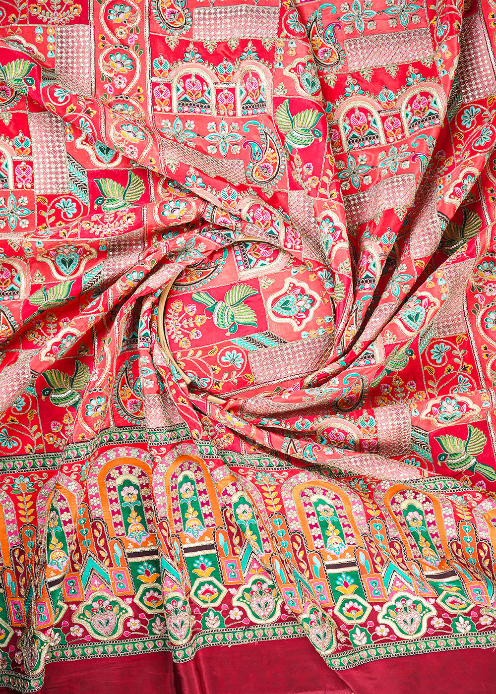 Orange Crepe Fabric With All Over Zari And Sequins Work With Border 24224