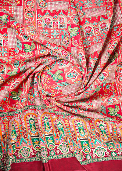 Orange Crepe Fabric With All Over Zari And Sequins Work With Border 24224