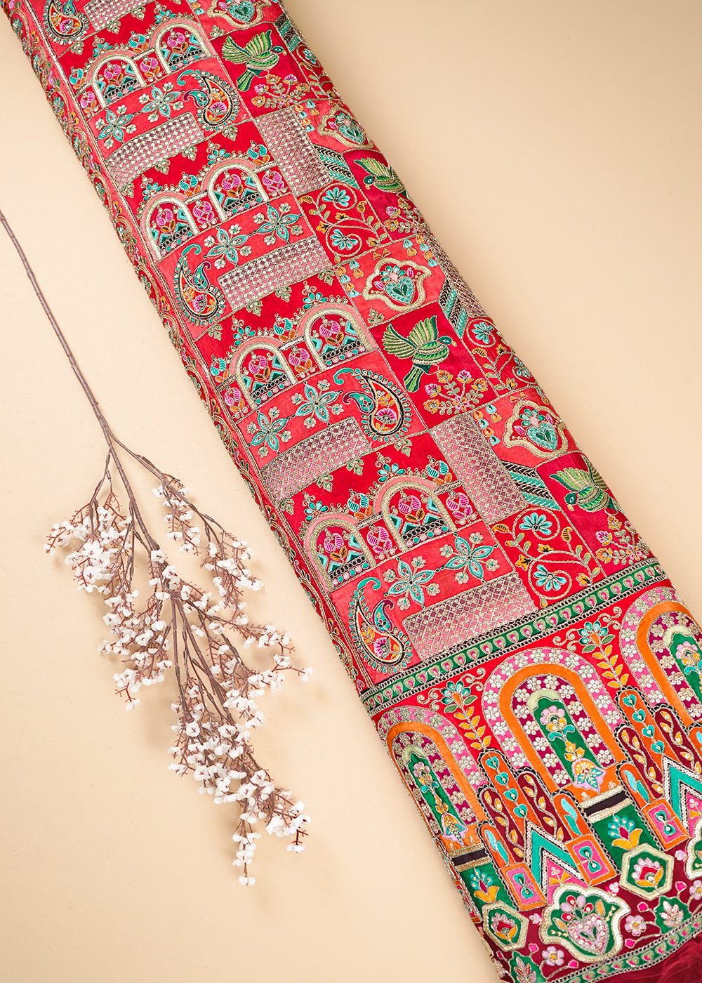 Orange Crepe Fabric With All Over Zari And Sequins Work With Border 24224