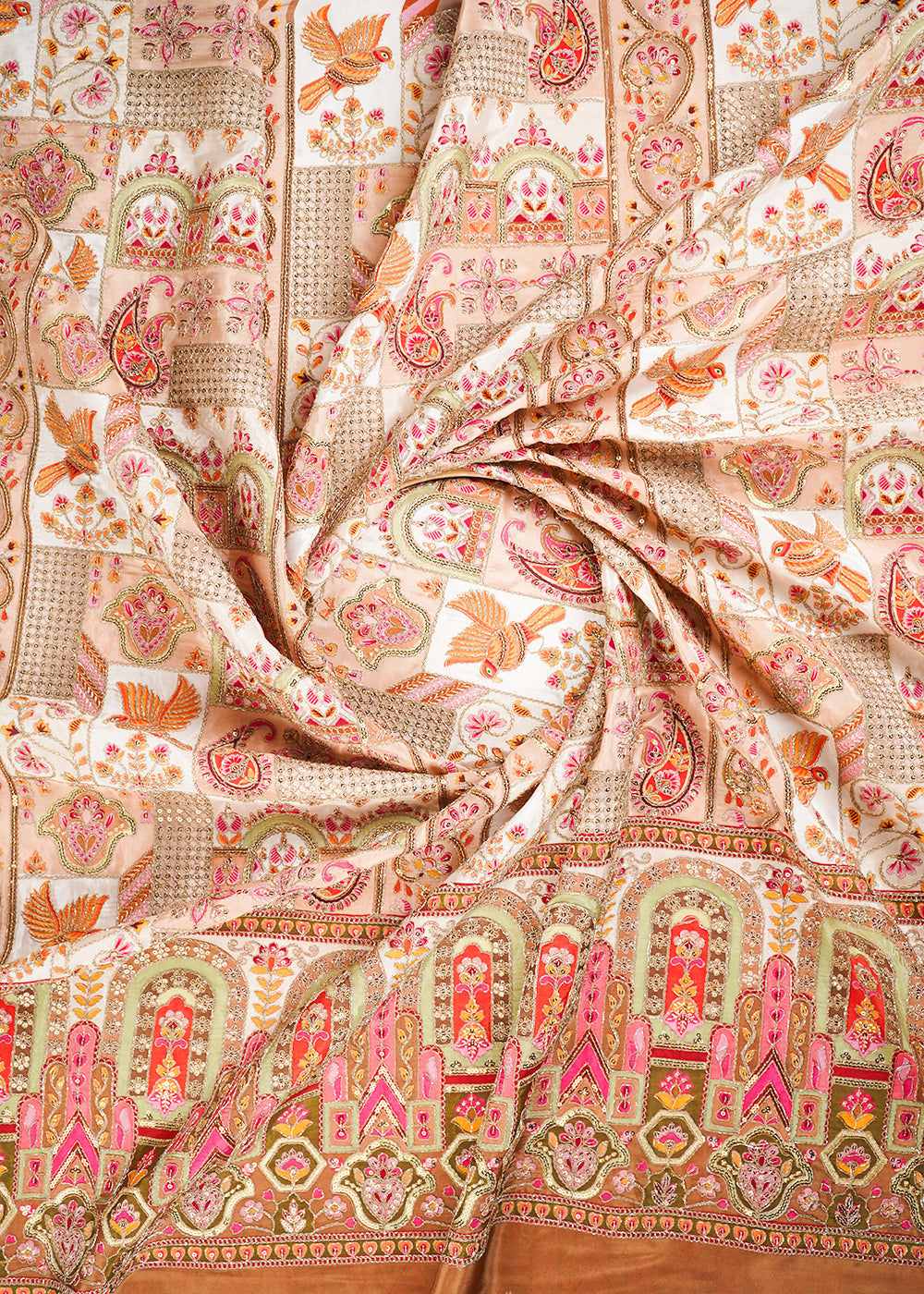Light Beige Crepe Fabric With All Over Zari And Sequins Work With One Side Border 24225