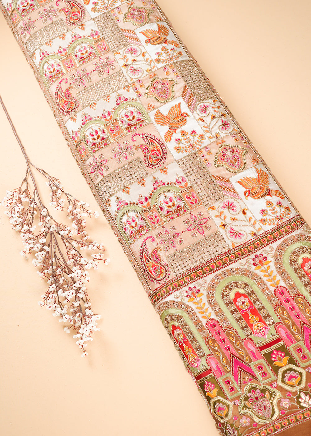 Light Beige Crepe Fabric With All Over Zari And Sequins Work With One Side Border 24225