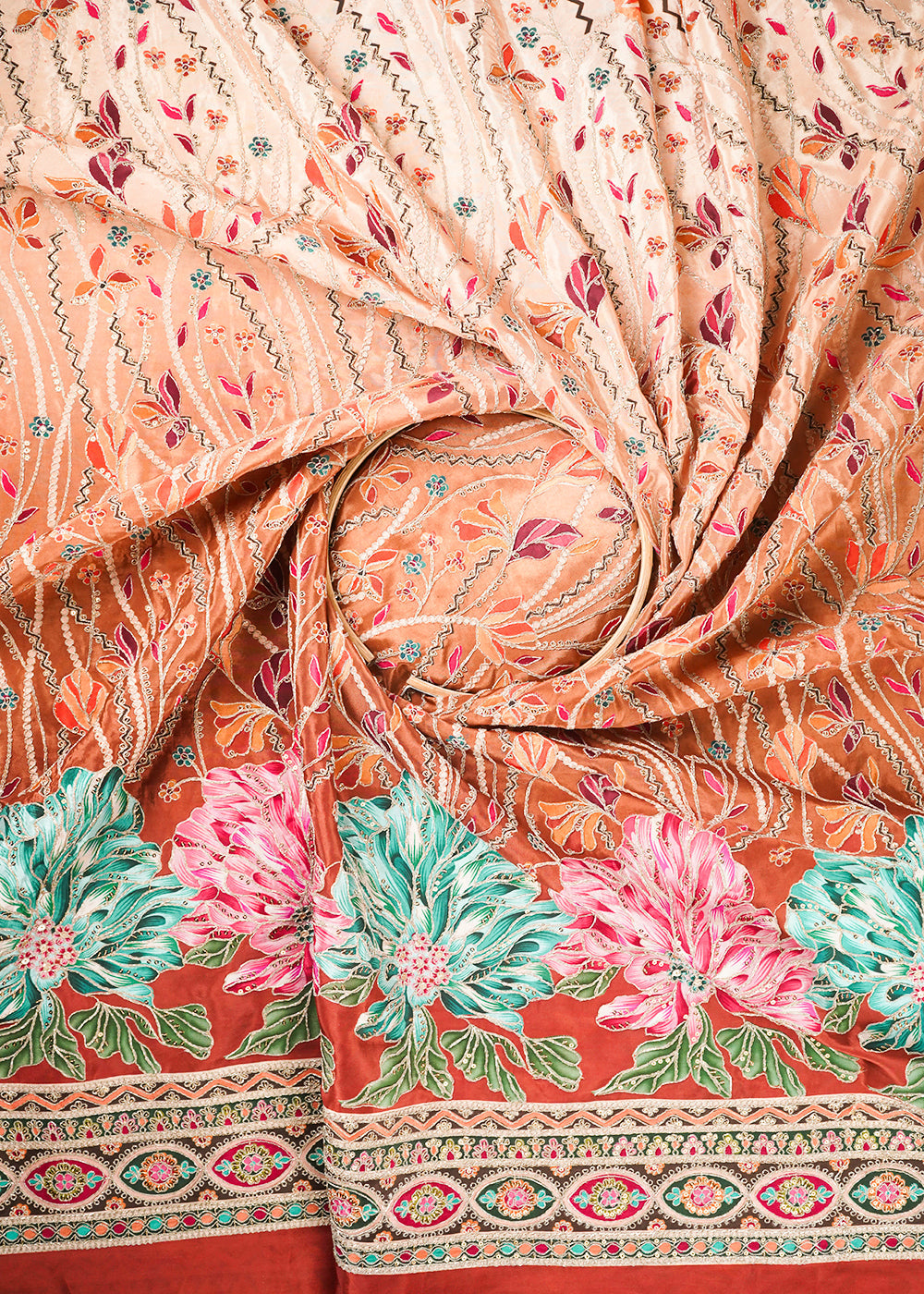 Rust Crepe Fabric With All Over Zari And Sequins Work With One Side Border 24226