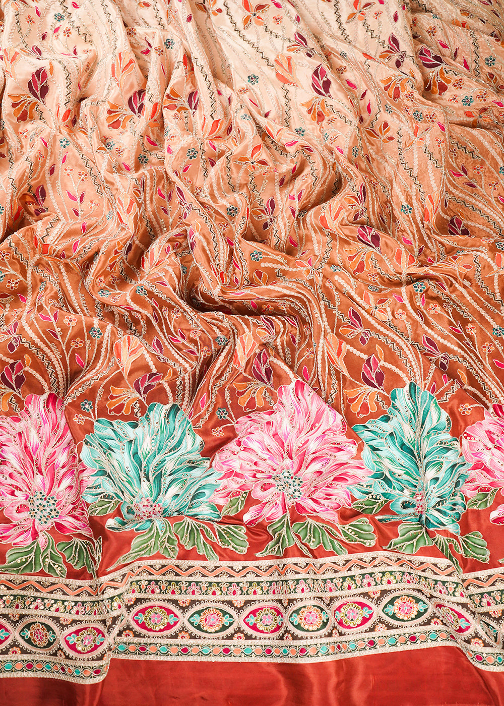 Rust Crepe Fabric With All Over Zari And Sequins Work With One Side Border 24226