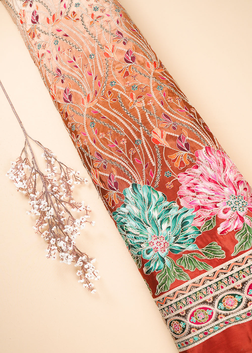Rust Crepe Fabric With All Over Zari And Sequins Work With One Side Border 24226