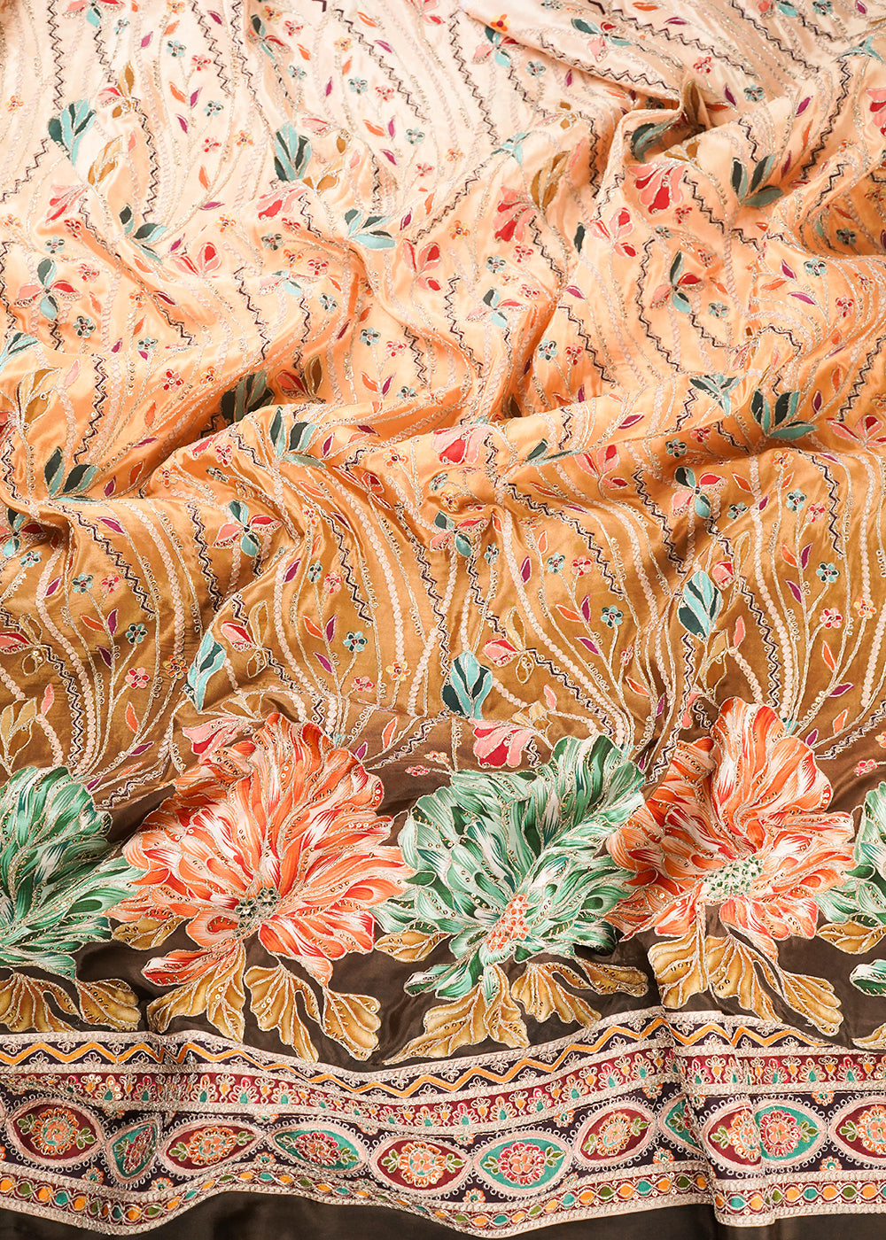Mehendi Green Crepe Fabric With All Over Zari And Sequins Work With One Side Border 24227