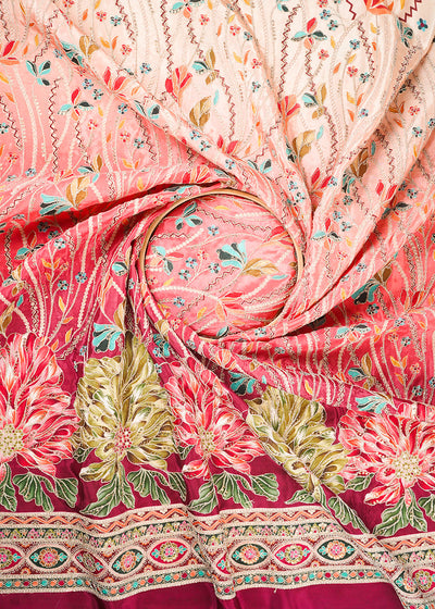 Wine Crepe Fabric With All Over Zari And Sequins Work With One Side Border 24228