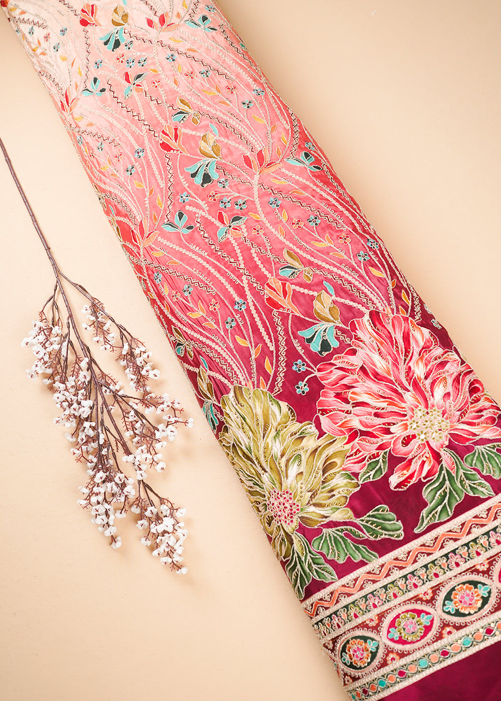 Wine Crepe Fabric With All Over Zari And Sequins Work With One Side Border 24228