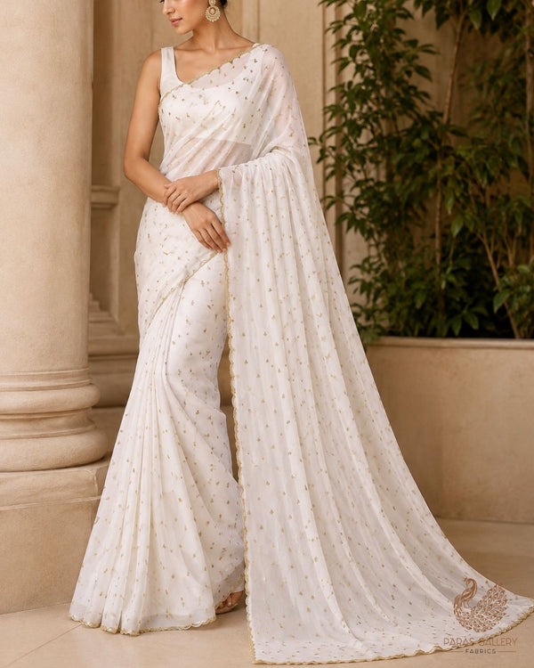 The Noor - White Dyeable Georgette Fabric With All Over Buti Of Zari And Sequins Work | 24240