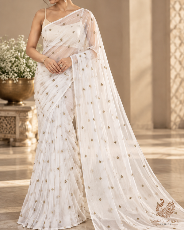 White Dyeable Georgette Fabric With All Over Buti Of Zari And Sequins Work 24242