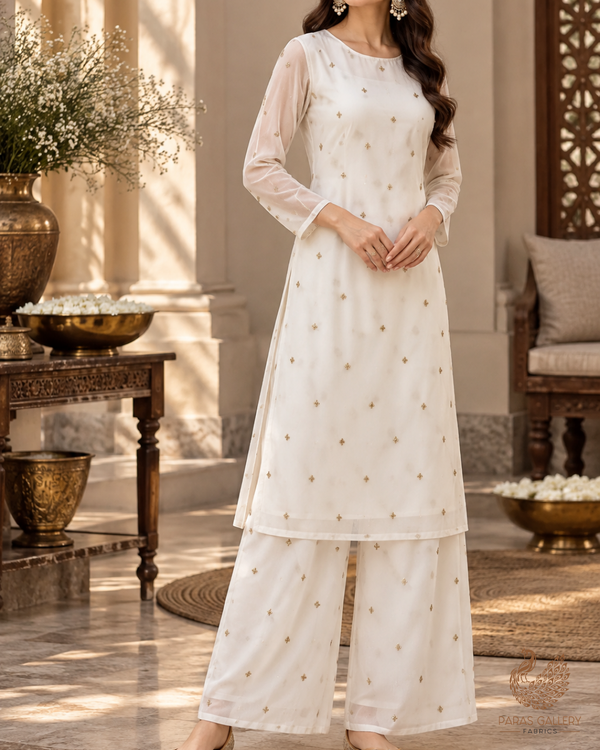 White Dyeable Georgette Fabric With All Over Buti Of Zari And Sequins Work 24242