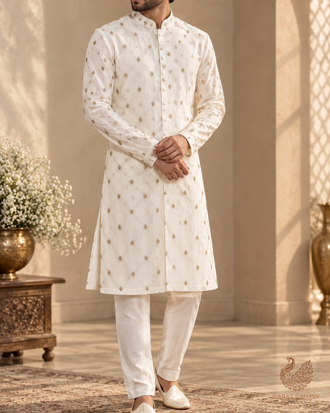 White Dyeable Georgette Fabric With All Over Buti Of Zari And Sequins Work 24242