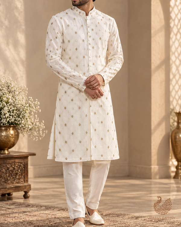White Dyeable Georgette Fabric With All Over Buti Of Zari And Sequins Work 24242