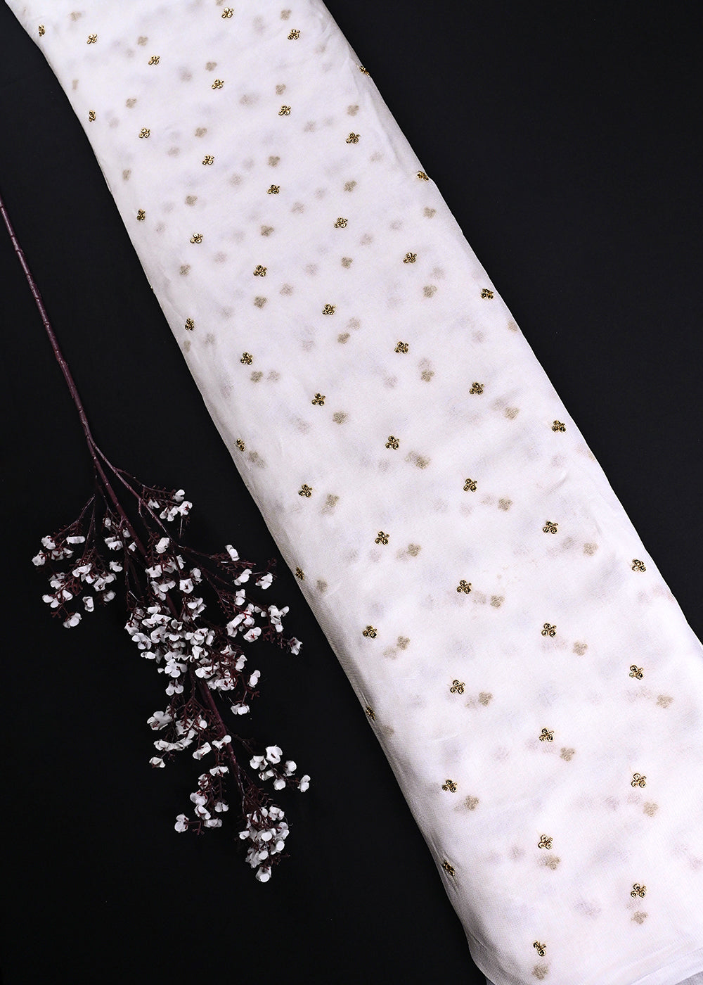 White Dyeable Georgette Fabric With All Over Buti Of Zari And Sequins Work 24243