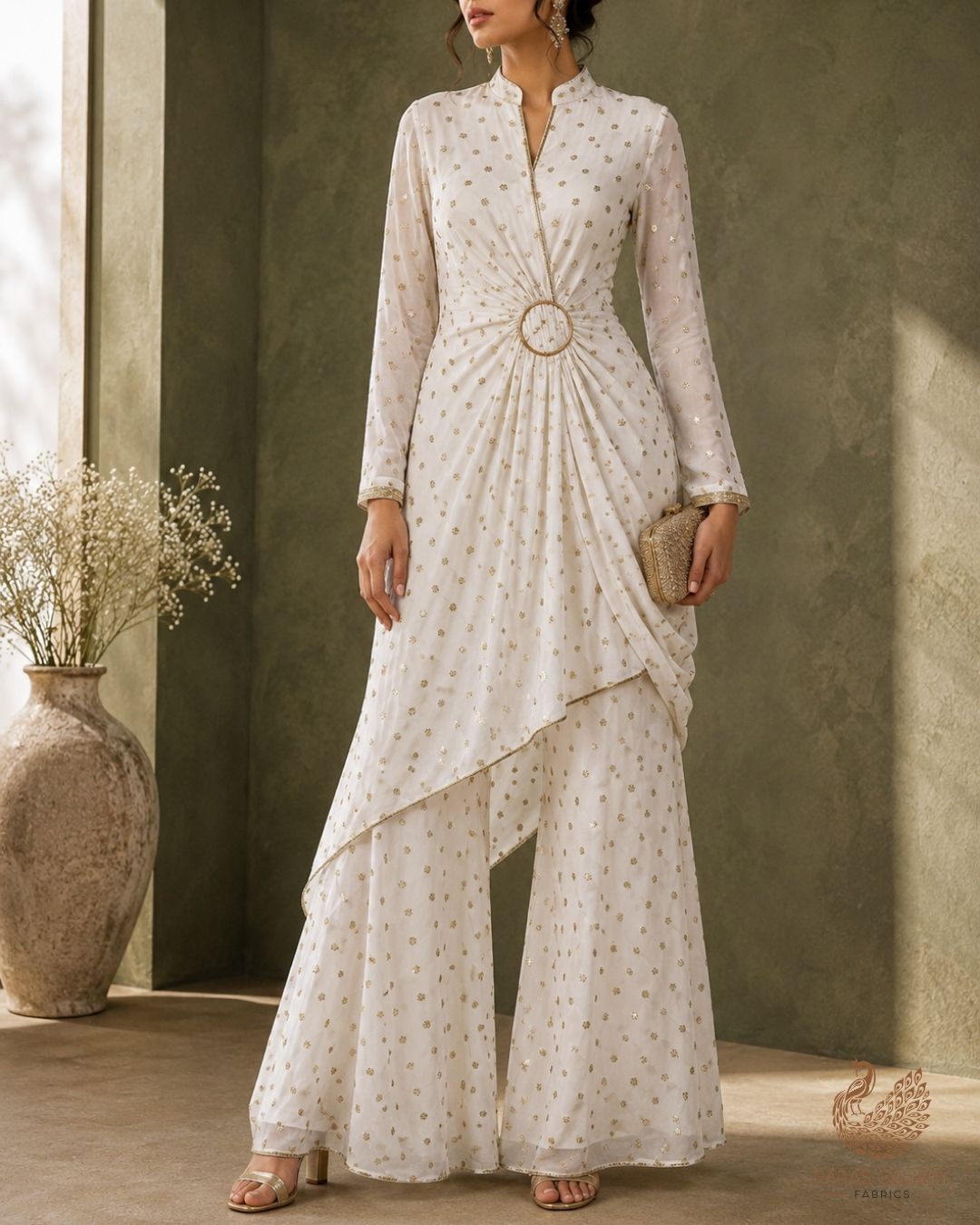 White Dyeable Georgette Fabric With All Over Buti Of Zari And Sequins Work 24244