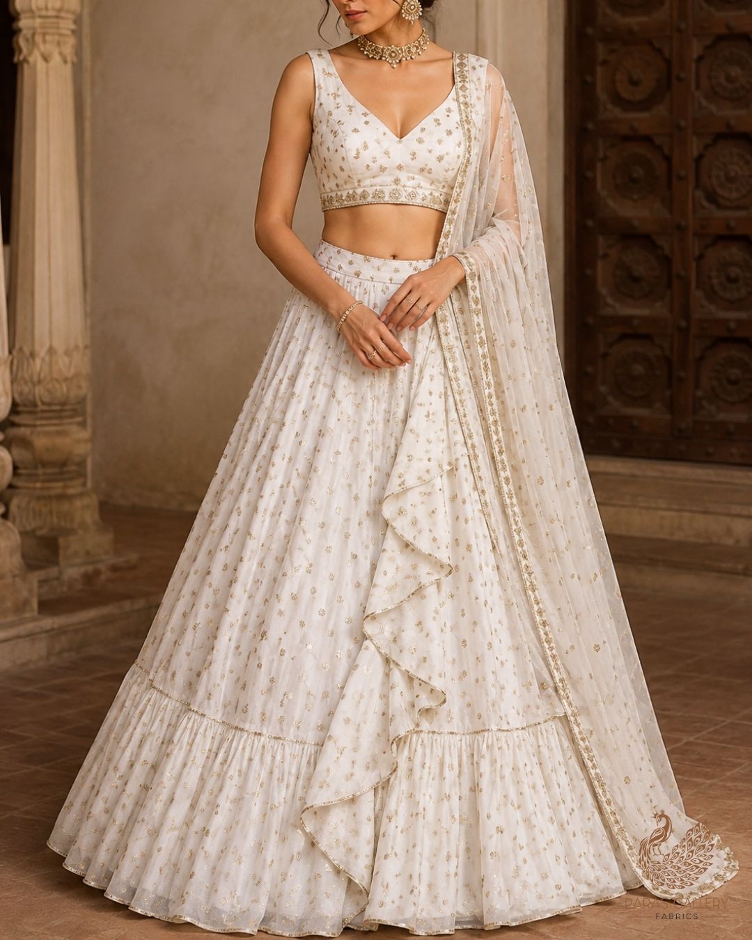White Dyeable Georgette Fabric With All Over Buti Of Zari And Sequins Work 24244