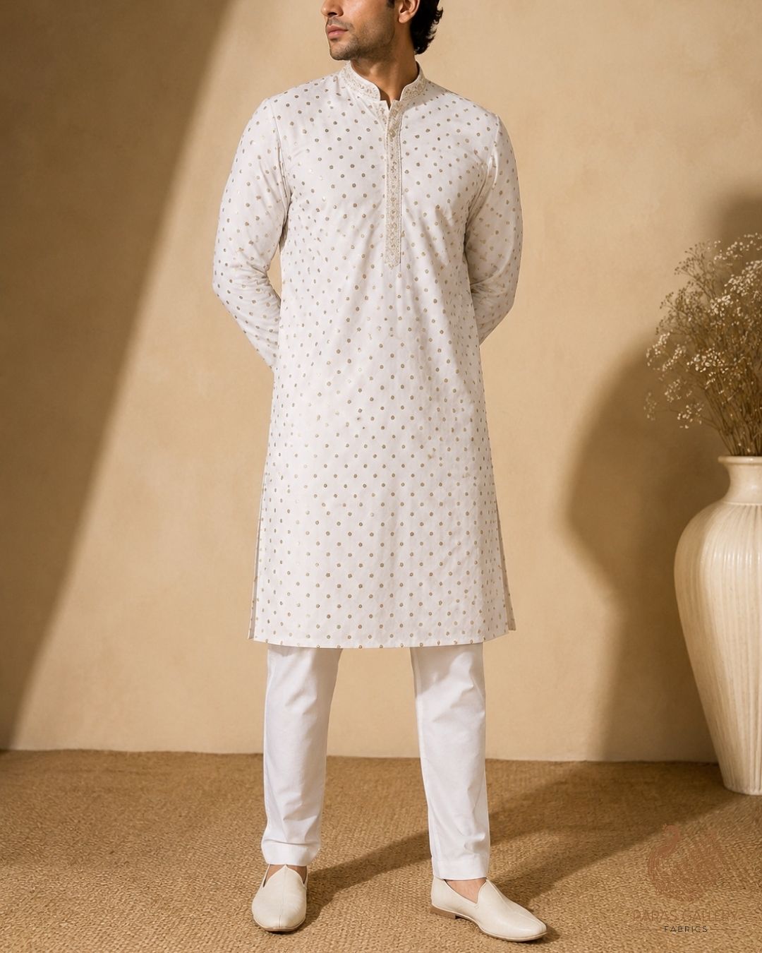 White Dyeable Georgette Fabric With All Over Buti Of Zari And Sequins Work 24244