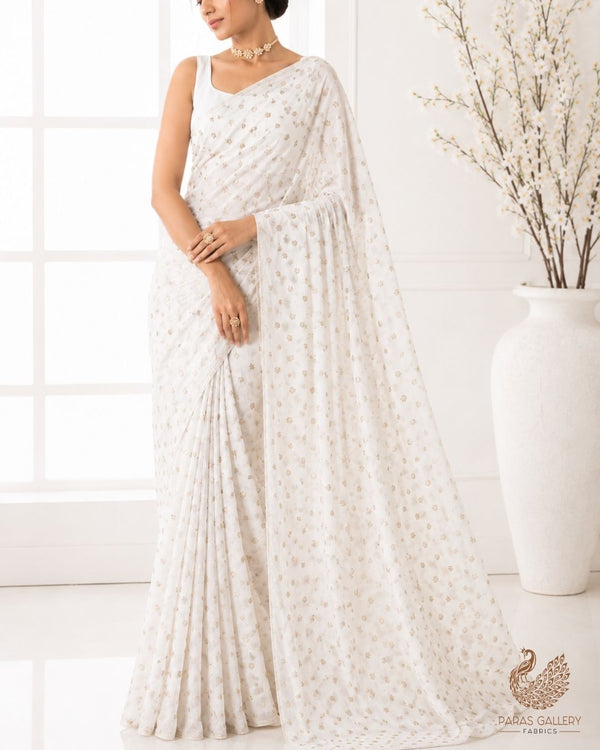 White Dyeable Georgette Fabric With All Over Buti Of Zari And Sequins Work 24244