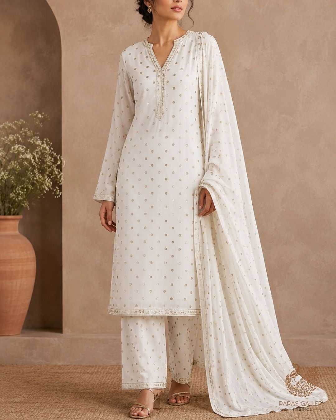 White Dyeable Georgette Fabric With All Over Buti Of Zari And Sequins Work 24244