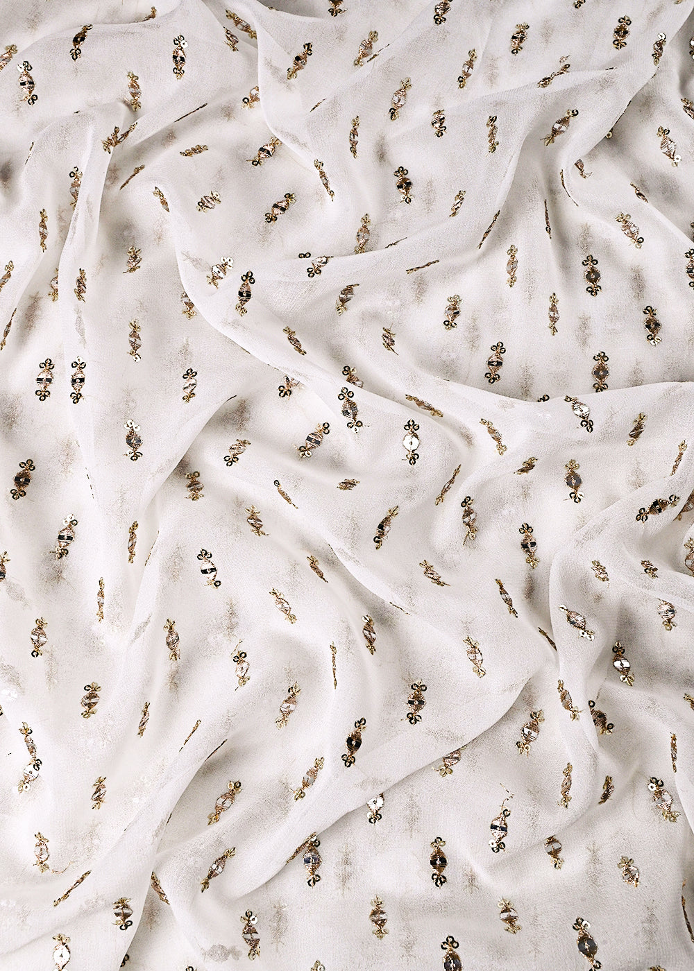 White Dyeable Georgette Fabric With All Over Buti Of Zari And Sequins Work 24245